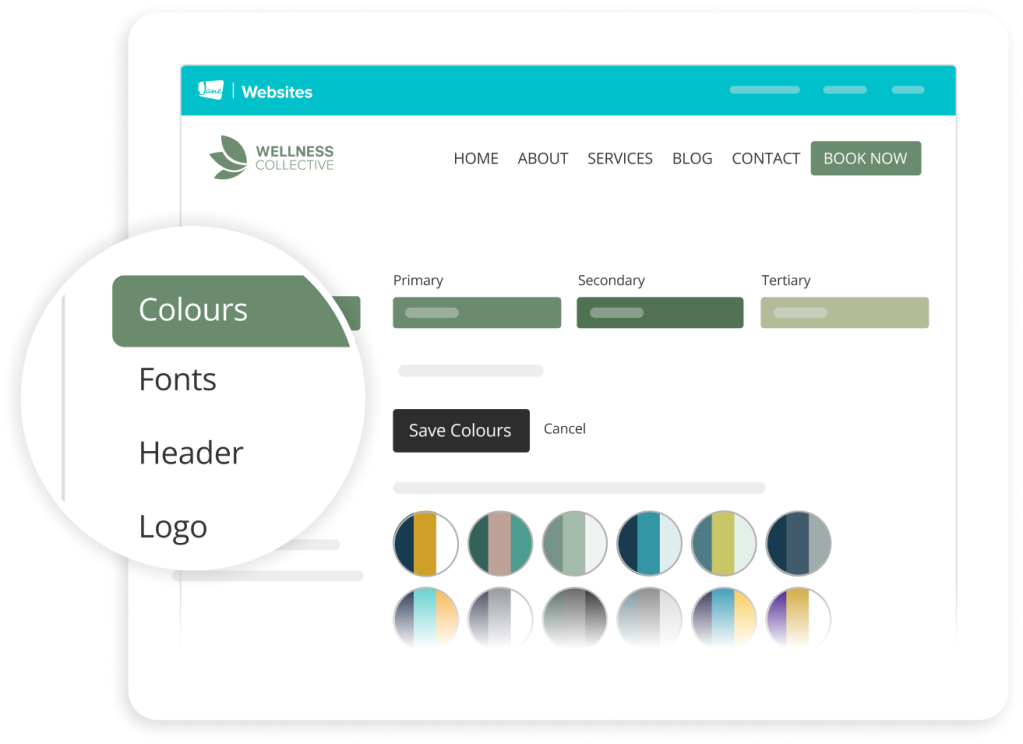 Website customization interface showing color palette options, font selections, and design elements for a wellness website