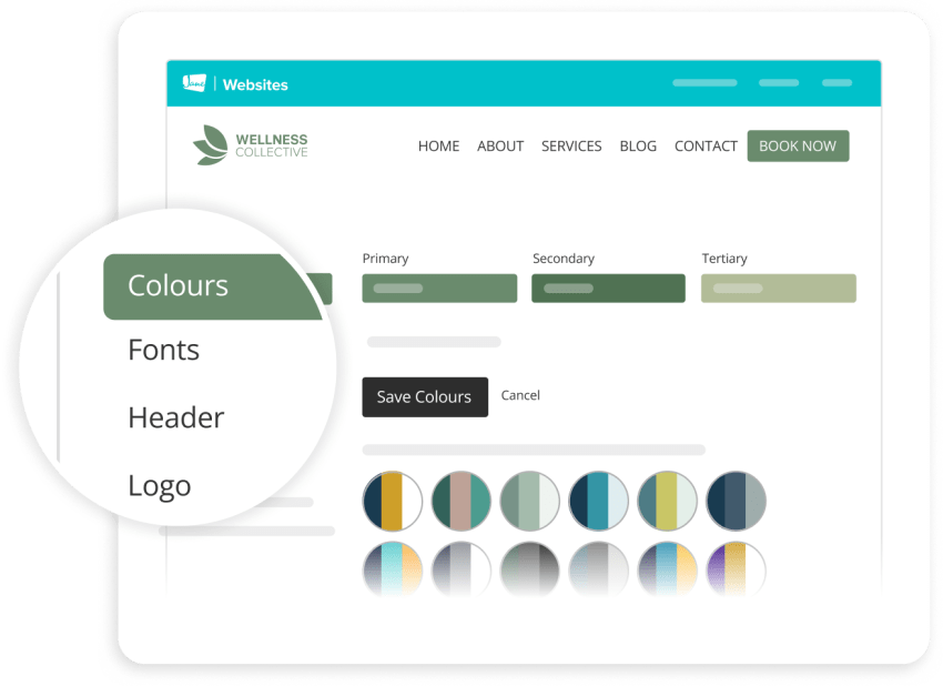 Website customization interface showing color palette options, font selections, and design elements for a wellness website