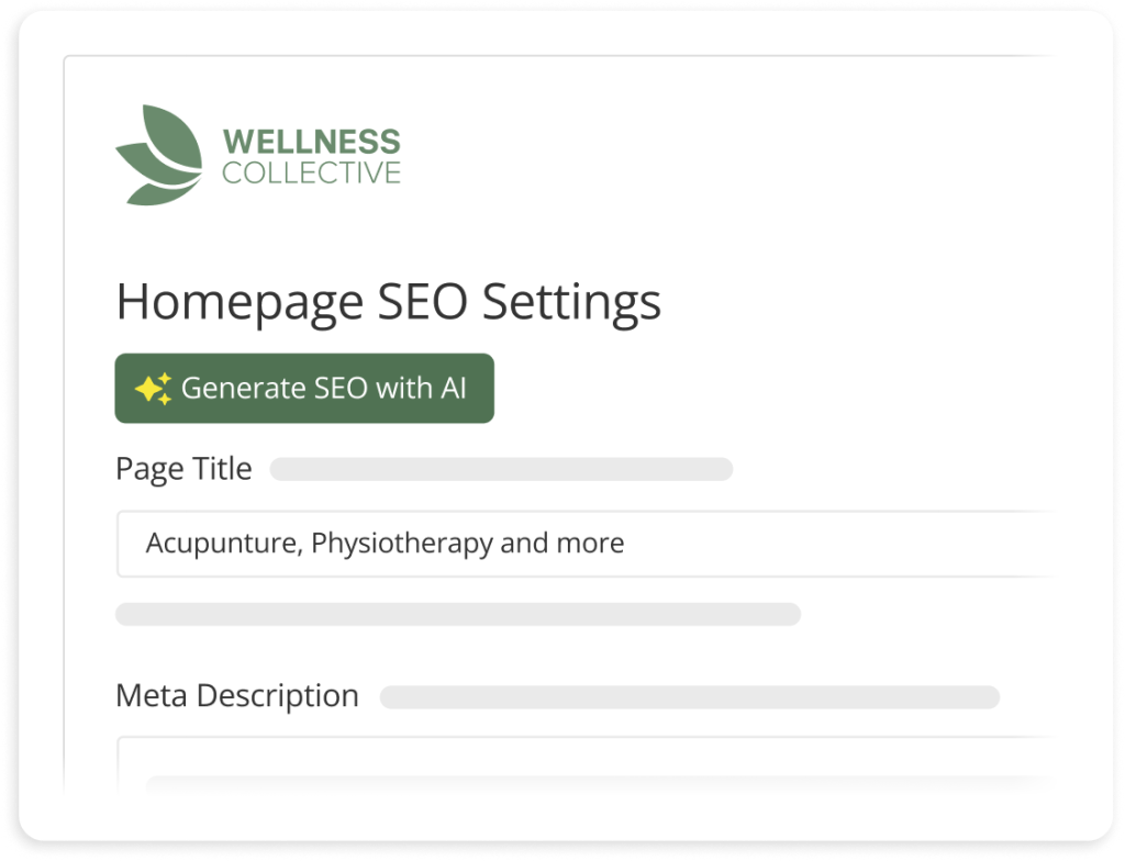 Screenshot of Wellness Collective homepage SEO settings interface with page title field showing "Acupunture, Physiotherapy and more" and empty meta description field