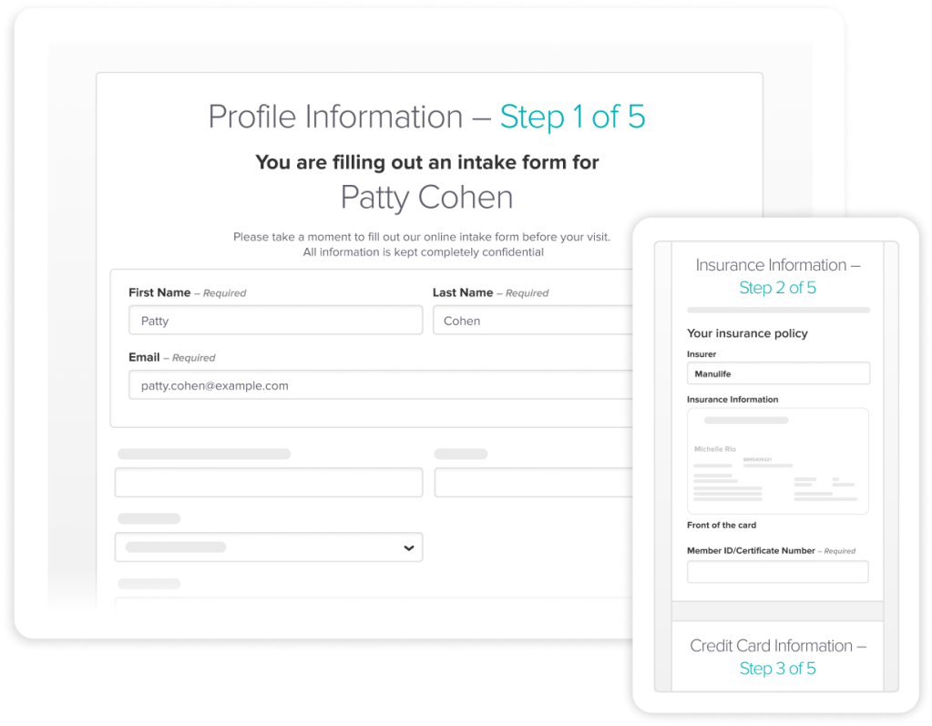 Screenshot of a multi-step online intake form showing Profile Information as Step 1 of 5, with fields for name and email, and preview panels for upcoming Insurance Information and Credit Card Information steps