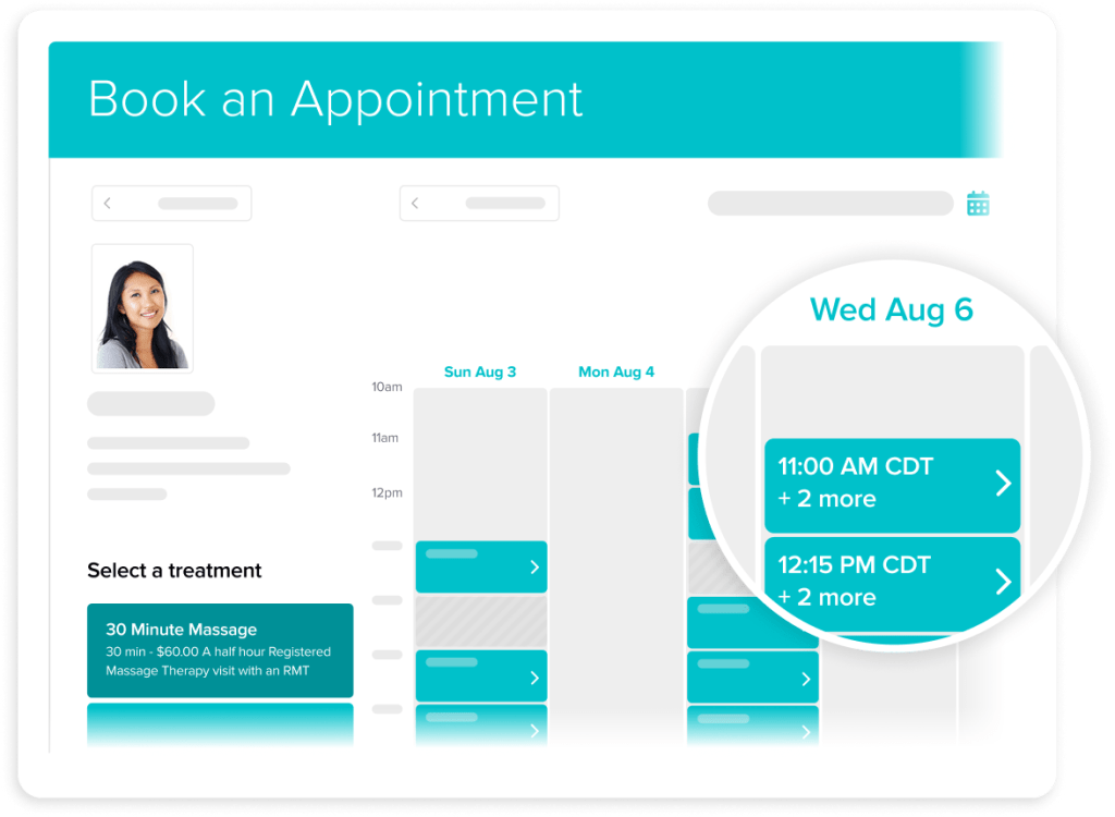 Online appointment booking interface showing treatment selection, calendar view, and available time slots for Wednesday August 6th