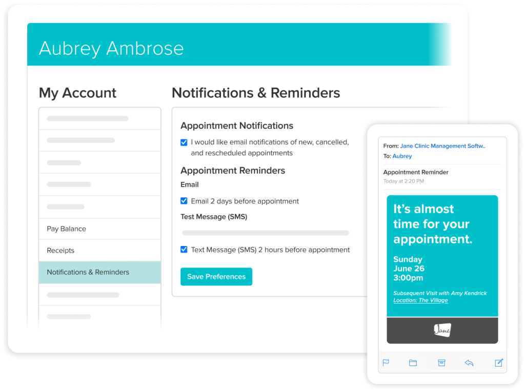 Account dashboard showing notification preferences with email and SMS reminder options, and an appointment reminder card for Sunday June 26 at 3:00pm