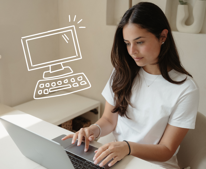Woman using laptop computer with illustrated desktop computer icon overlay