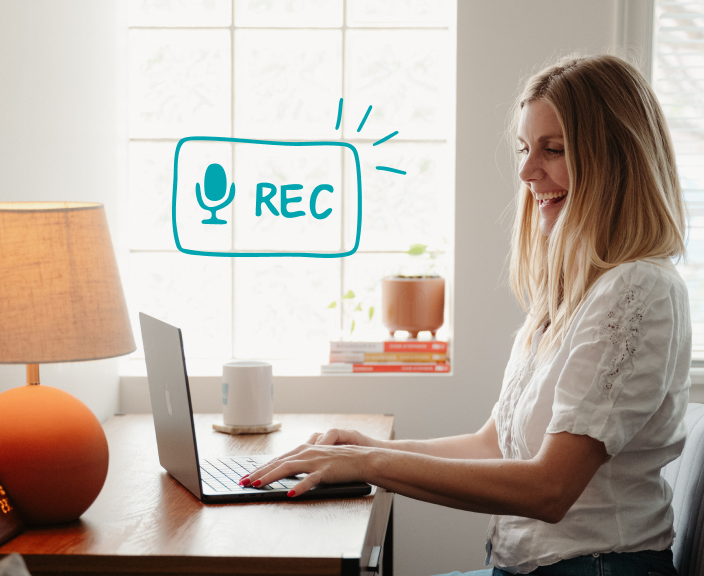 Woman recording content on laptop with microphone icon and REC indicator visible