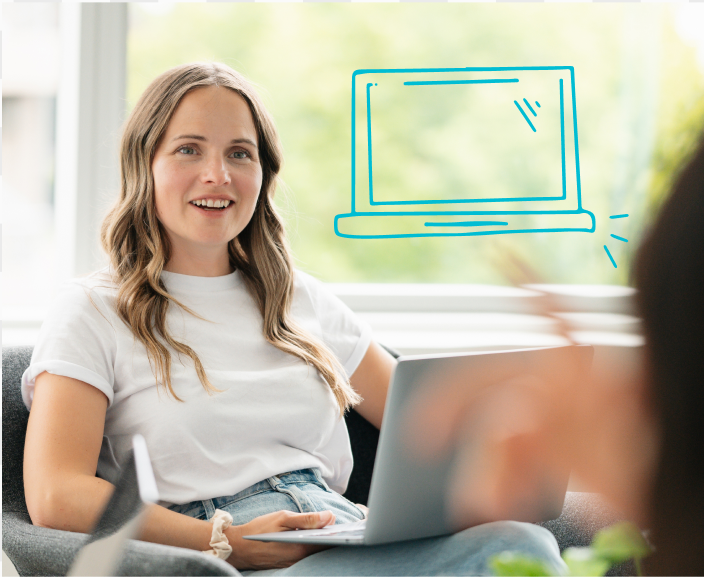Woman sitting with laptop computer, with illustrated laptop icon overlay