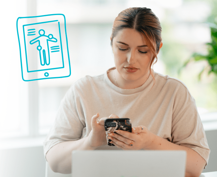 Woman using smartphone with laptop, with tablet icon showing fitness or health app interface