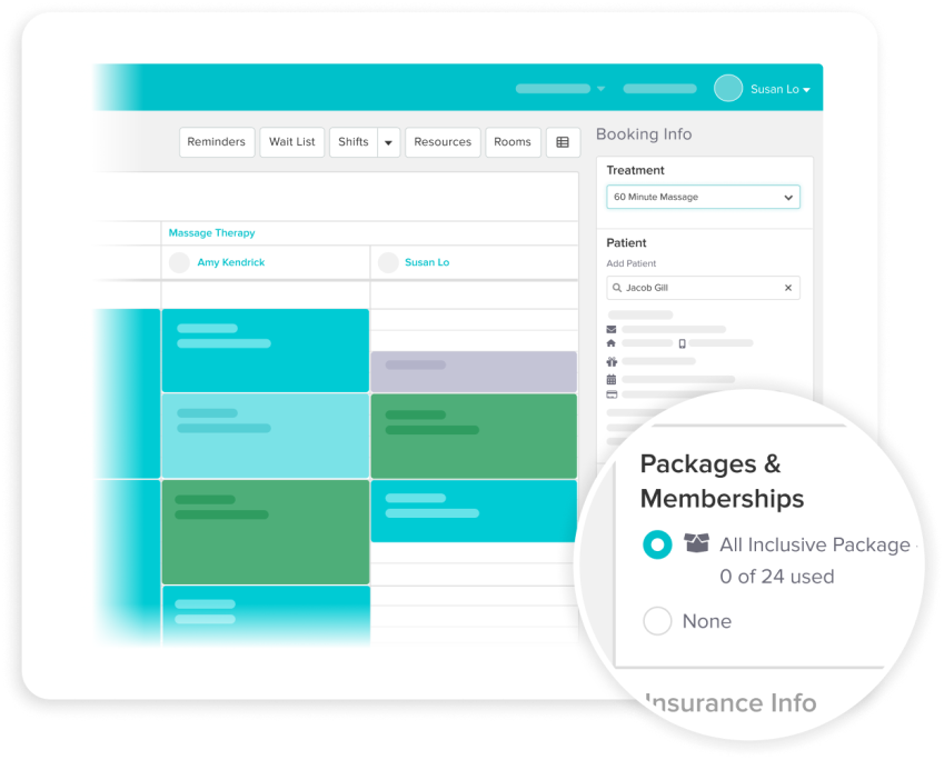 Booking management interface showing calendar grid, appointment scheduling form with treatment and patient fields, and packages section displaying All Inclusive Package with 0 of 24 sessions used