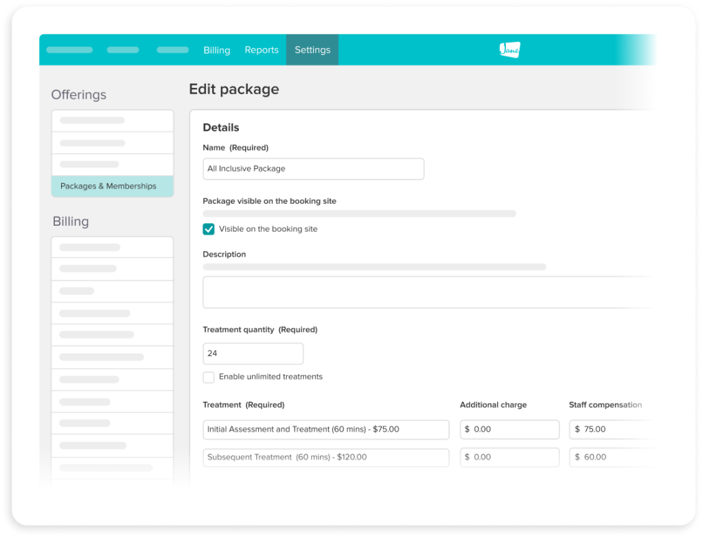 Package editing interface showing form fields for name, visibility settings, description, treatment quantity of 24, and pricing details for initial assessment and subsequent treatments