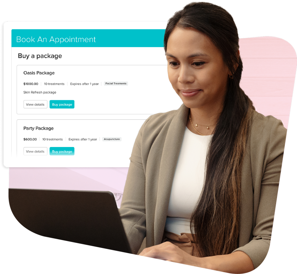 Woman in beige blazer using laptop to view spa treatment booking interface with package options