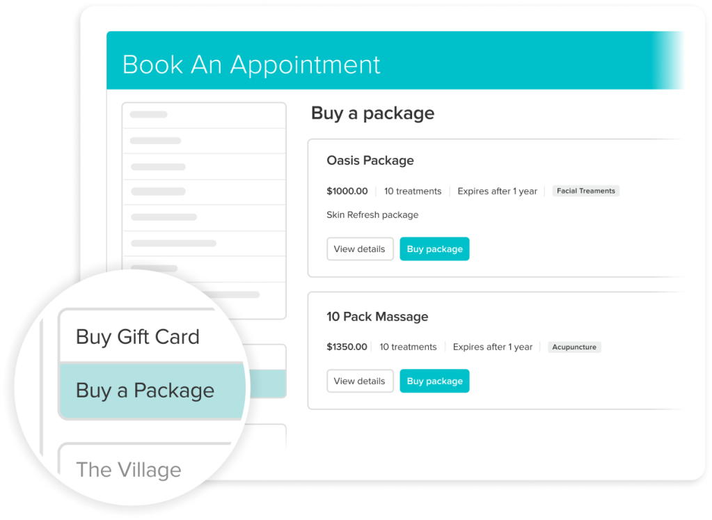 Screenshot of spa booking interface showing appointment scheduling, gift card purchase, and treatment packages including Oasis Package for $1000 and 10 Pack Massage for $1350
