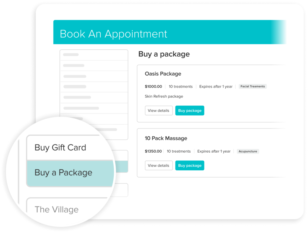 Screenshot of spa booking interface showing appointment scheduling, gift card purchase, and treatment packages including Oasis Package for $1000 and 10 Pack Massage for $1350