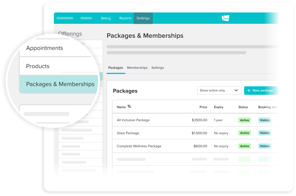 Screenshot of a business management interface showing the Packages & Memberships section with a table of three service packages including names, prices, expiry dates, and status information