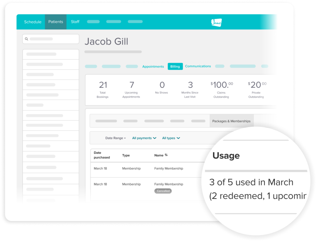 Healthcare management dashboard showing Jacob Gill's patient statistics, billing information, and membership usage details