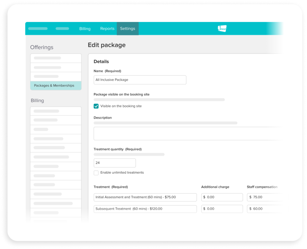 Screenshot of a package editing interface showing form fields for name, visibility settings, description, treatment quantity, and pricing details for initial assessment and subsequent treatments