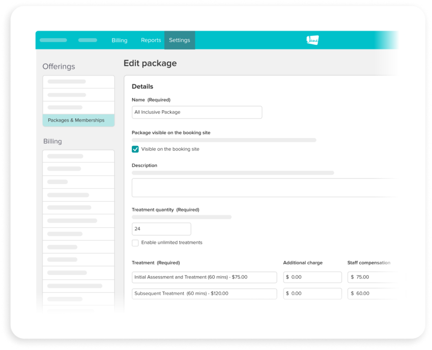 Screenshot of a package editing interface showing form fields for name, visibility settings, description, treatment quantity, and pricing details for initial assessment and subsequent treatments