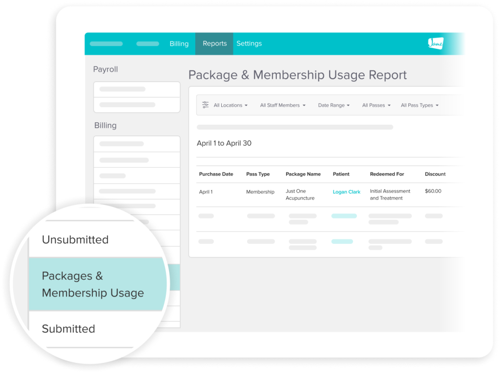 Package and membership usage report interface showing billing data table with filters and navigation menu