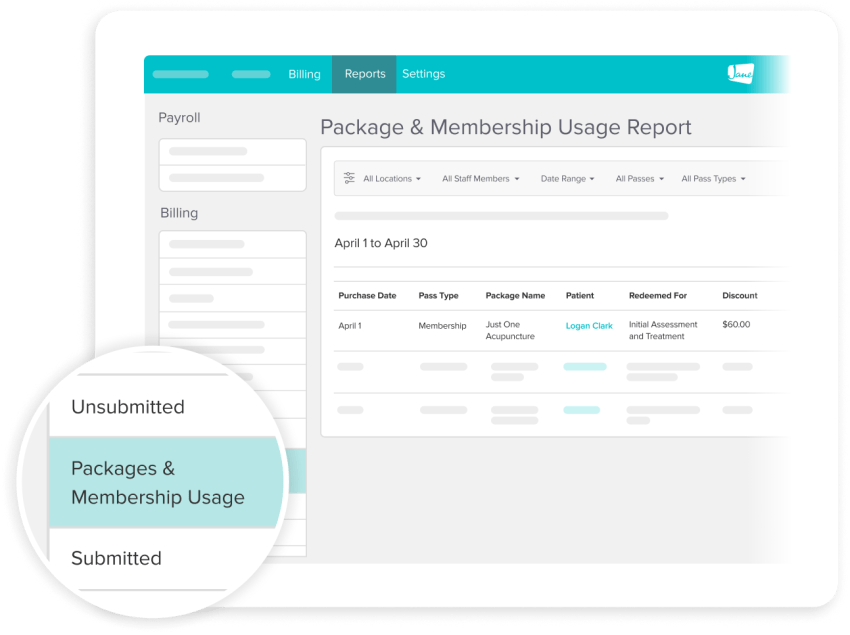 Package and membership usage report interface showing billing data table with filters and navigation menu