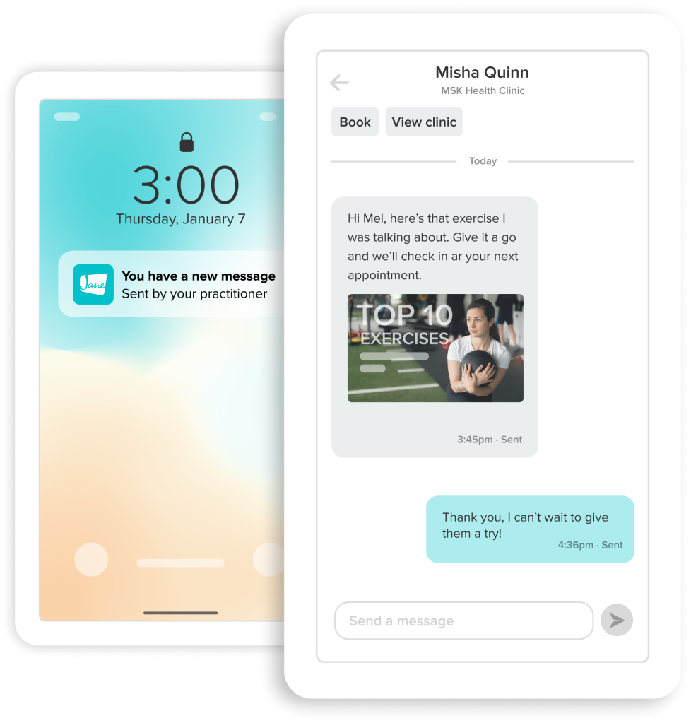 Healthcare app interface showing a phone notification about a new message from a practitioner, and a chat conversation where the practitioner shares a "Top 10 Exercises" resource with a patient named Mel