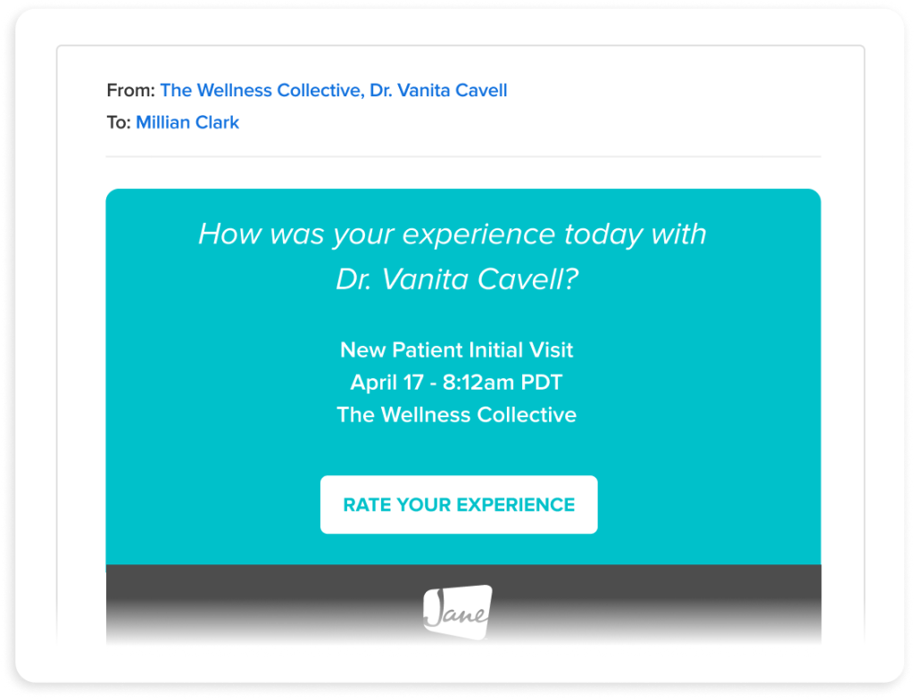 Patient feedback survey for Dr. Vanita Cavell appointment on April 17 at 8:12am PDT with rate your experience button