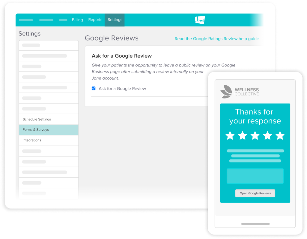 Settings interface for Google Reviews with option to ask patients for reviews and preview of review request showing 5-star rating