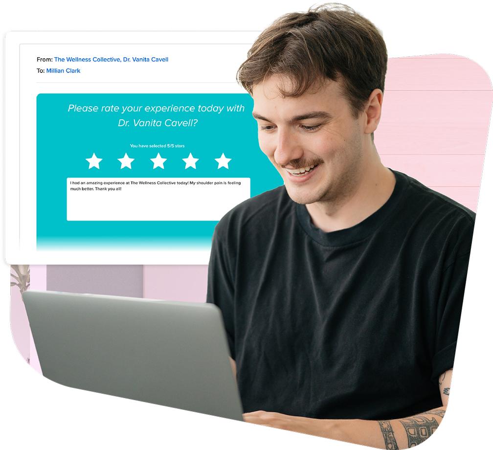 Man smiling while using laptop with customer feedback form showing 5-star rating for Dr. Vanita Cavell displayed on screen