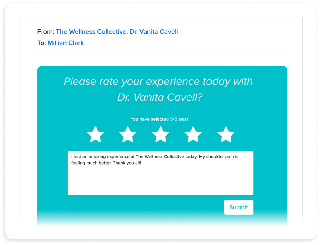 Patient feedback form showing 5-star rating for Dr. Vanita Cavell with testimonial about improved shoulder pain