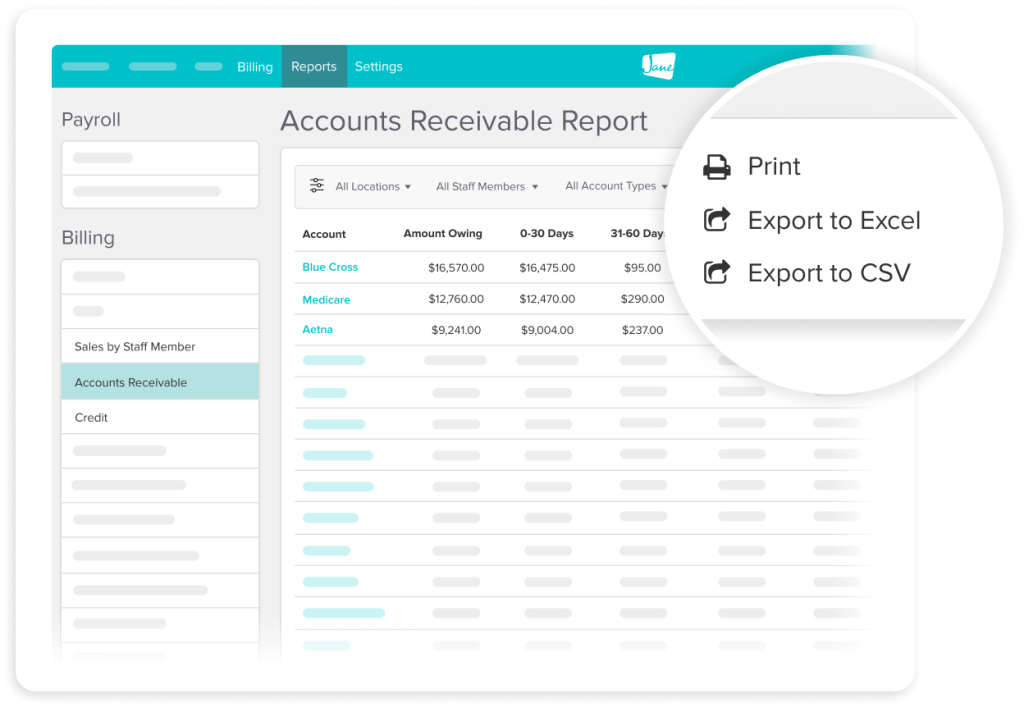 Accounts Receivable Report showing aging data for Blue Cross, Medicare, and Aetna with amounts owed in 0-30, 31-60 day columns, and export options menu visible