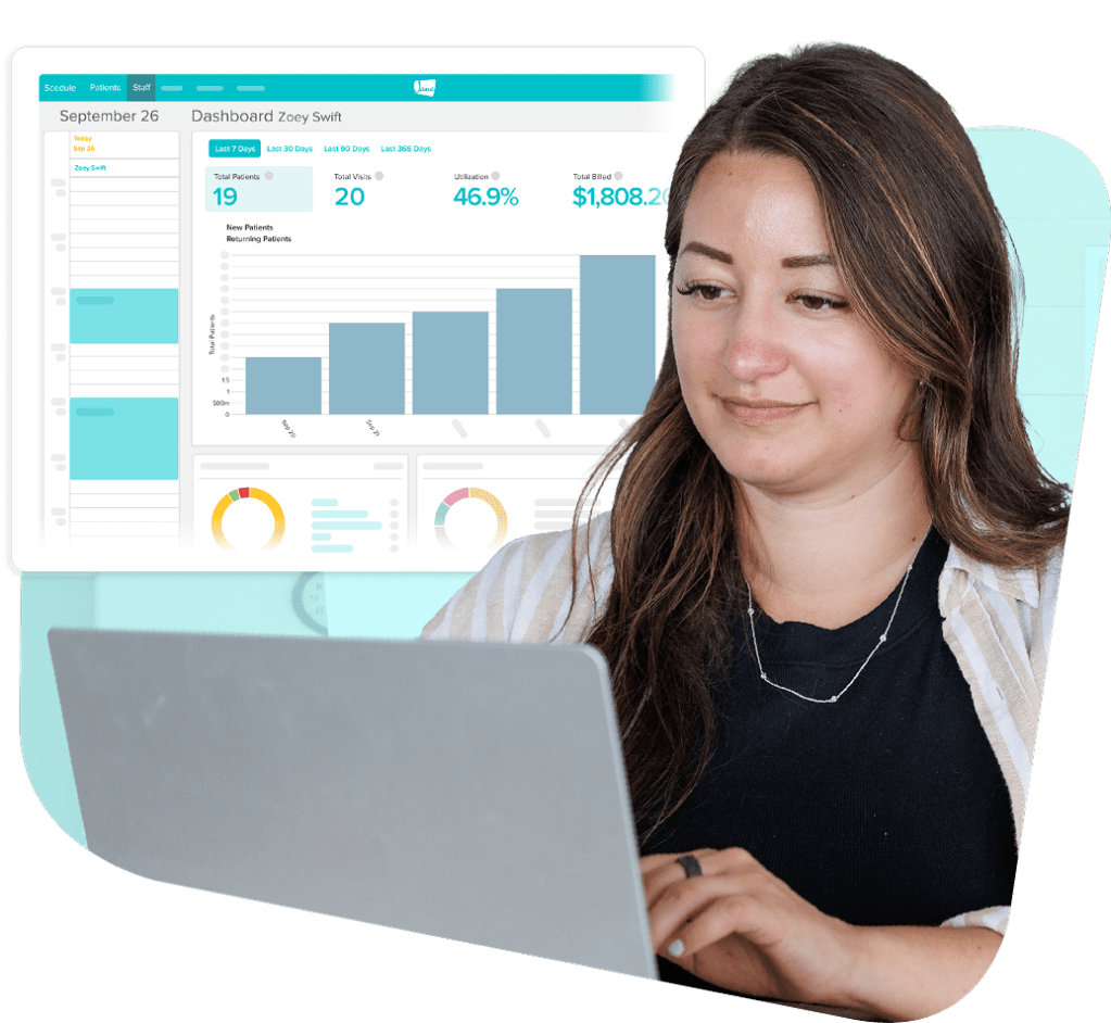 Woman working on laptop with analytics dashboard showing charts and metrics in background