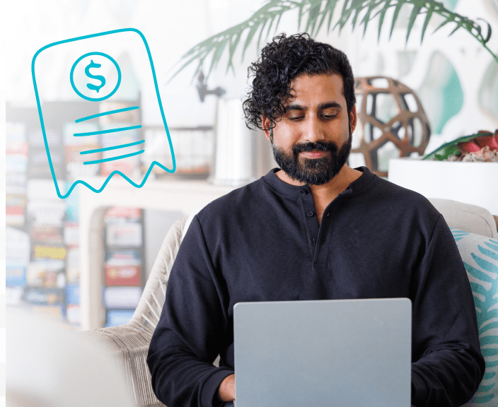 Man with laptop and illustrated receipt with dollar sign, suggesting online financial management or expense tracking
