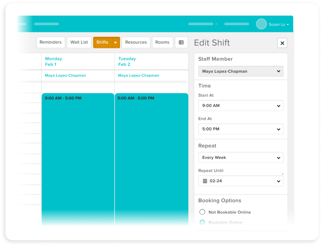 Shift scheduling interface showing Maya Lopez-Chapman's shifts for Monday Feb 1 and Tuesday Feb 2, both 9:00 AM to 5:00 PM, with edit options for staff member, time, repeat settings, and booking preferences