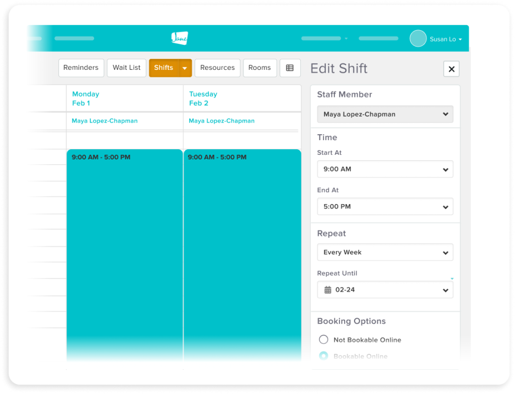 Shift scheduling interface showing Maya Lopez-Chapman's shifts for Monday Feb 1 and Tuesday Feb 2, both 9:00 AM to 5:00 PM, with edit options for staff member, time, repeat settings, and booking preferences