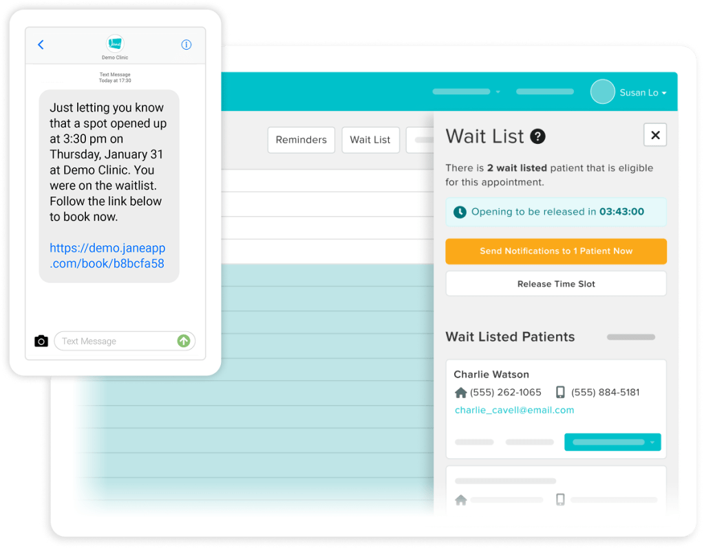 Healthcare appointment scheduling interface showing text message notification and wait list management system