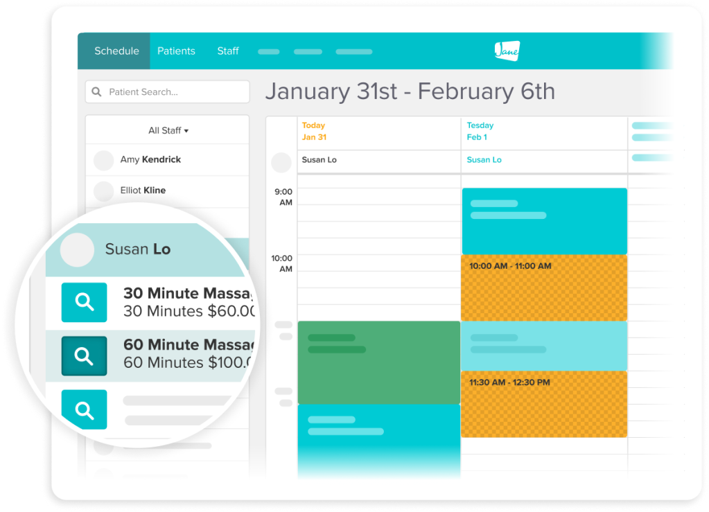 Healthcare scheduling interface showing staff availability and appointment slots for January 31st - February 6th, with Susan Lo selected and her massage service options displayed