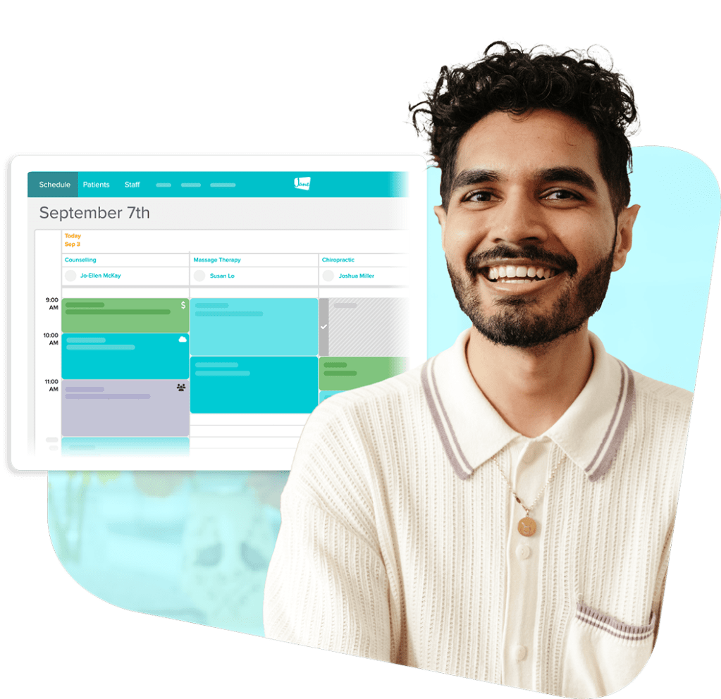 Smiling man in white polo shirt next to healthcare scheduling software showing September 7th calendar with appointments for counseling, massage therapy, and chiropractic services