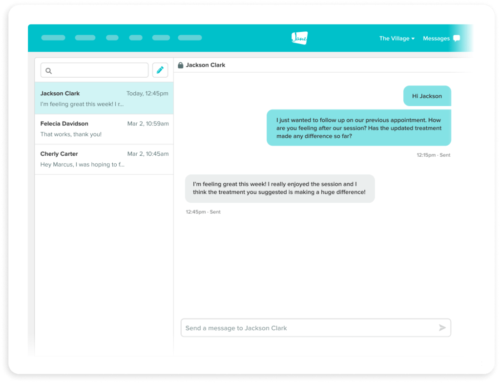 Screenshot of a messaging interface showing a conversation between a healthcare provider and Jackson Clark about treatment follow-up