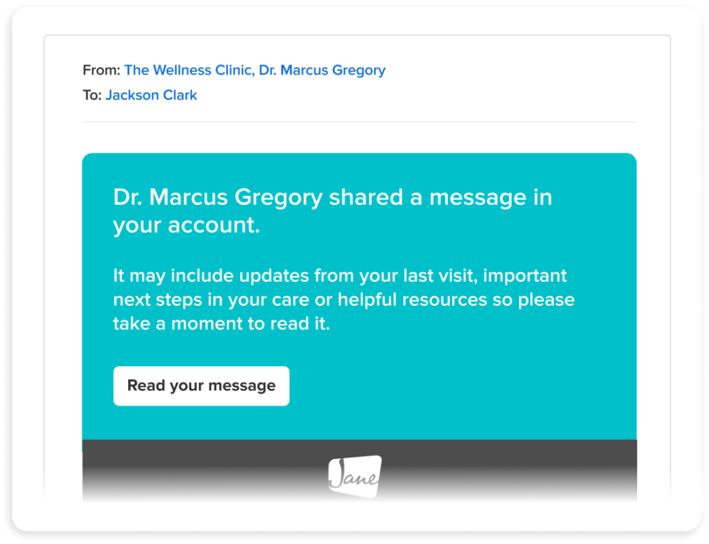 Email notification from Dr. Marcus Gregory to Jackson Clark about a shared message in patient account, with button to read the message