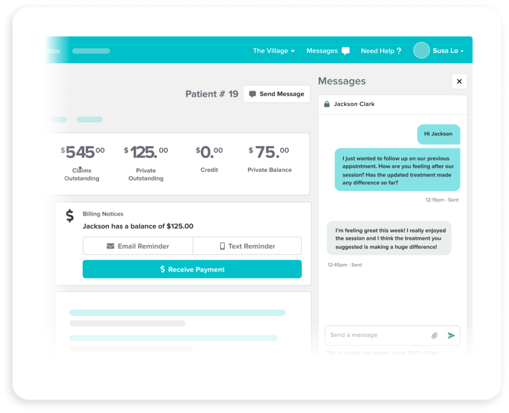 Healthcare practice management interface showing patient billing details and messaging system