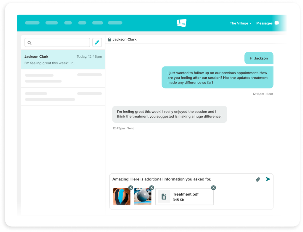 Chat interface showing conversation between healthcare provider and patient Jackson Clark about treatment follow-up