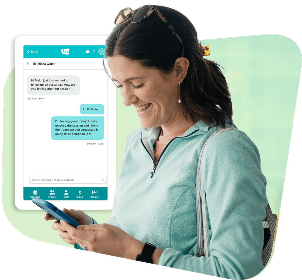 Healthcare provider using mobile app to communicate with patient, showing positive treatment follow-up conversation