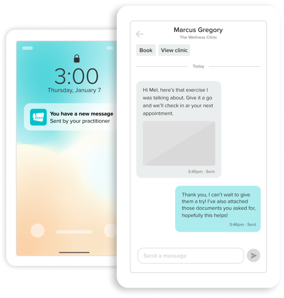 Mobile app interface showing a notification on the left phone screen and a messaging conversation with practitioner Marcus Gregory from The Wellness Clinic on the right screen