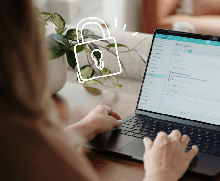 Person using laptop with security software interface, white padlock icon overlay indicating data protection