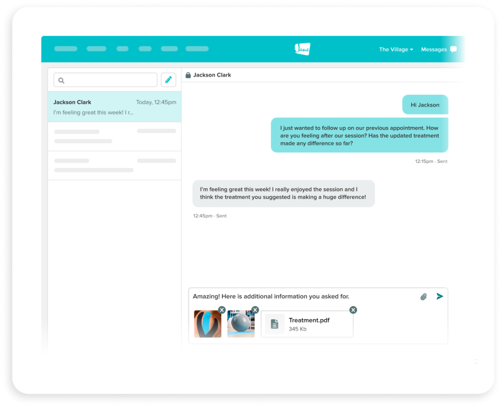 Chat interface showing conversation between healthcare provider and Jackson Clark about treatment follow-up, with attached Treatment.pdf file
