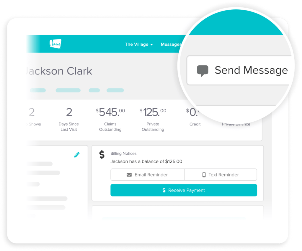 Customer dashboard showing Jackson Clark's account with $545 claims outstanding, $125 private outstanding, and billing notice with payment options