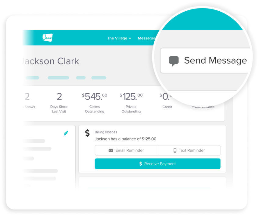 Customer dashboard showing Jackson Clark's account with $545 claims outstanding, $125 private outstanding, and billing notice with payment options