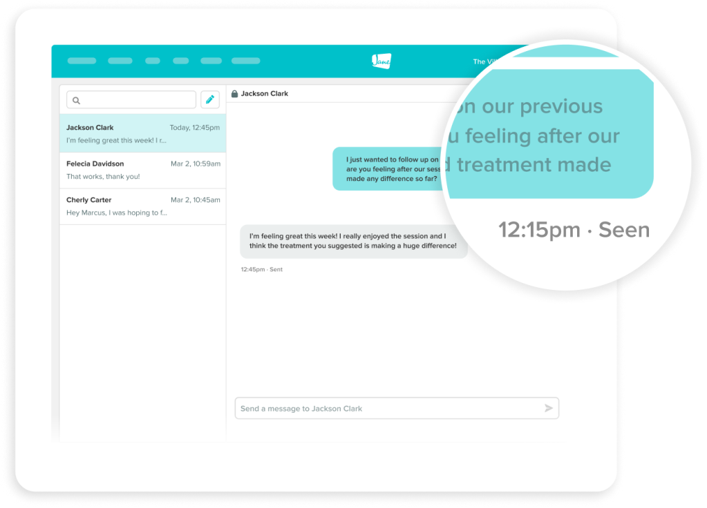 Chat interface showing conversation with Jackson Clark about treatment follow-up, with messages from multiple contacts in sidebar and enlarged message bubble displaying patient feedback