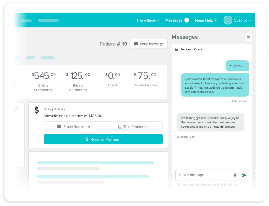 Healthcare management dashboard showing patient billing information and messaging interface