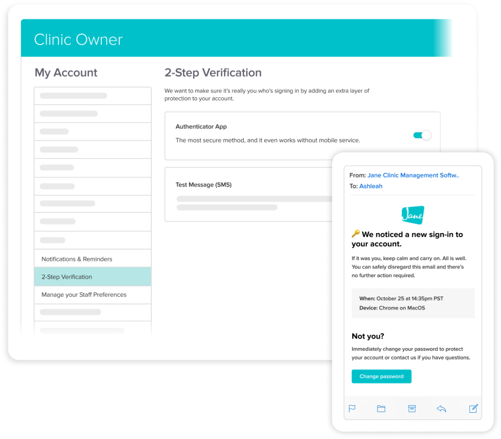 Screenshot of clinic management software showing 2-step verification setup page with authenticator app and SMS options, plus a security notification popup about a new sign-in