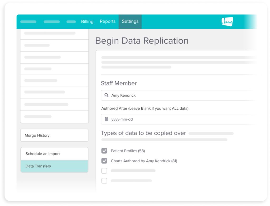 Data replication interface showing staff member selection, date filter, and checkboxes for Patient Profiles and Charts data types