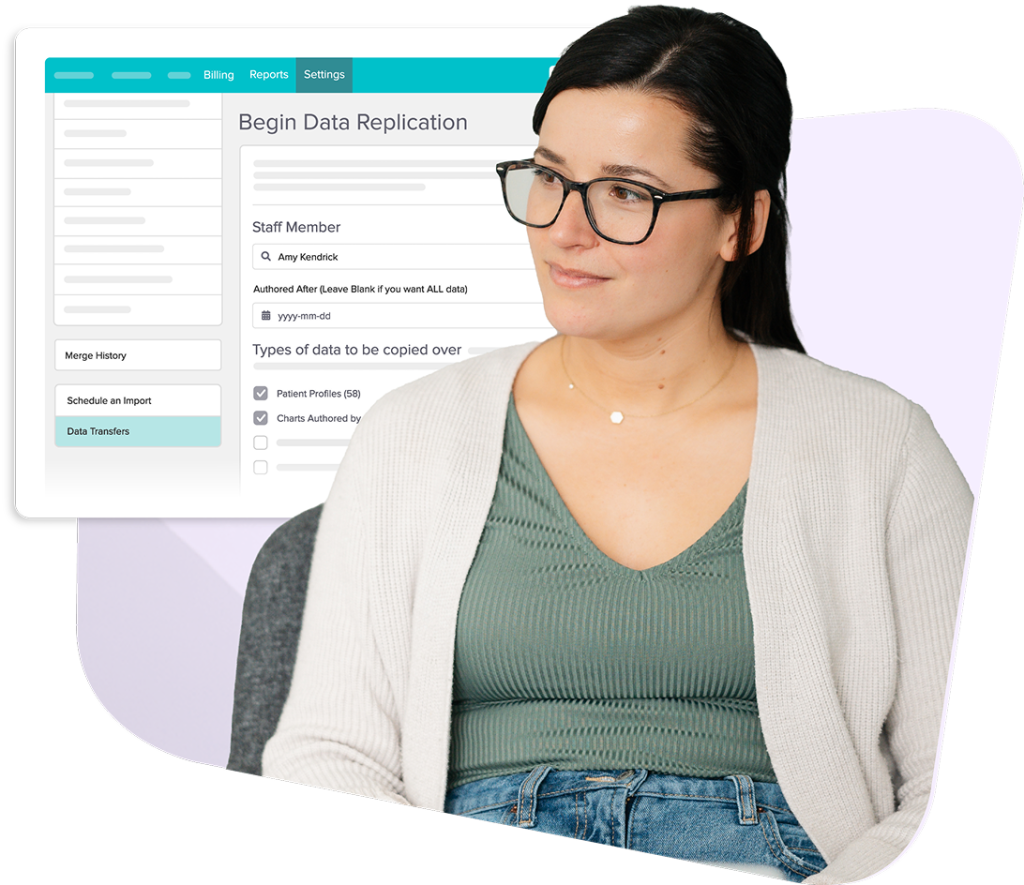 Woman in glasses and cardigan looking at a data replication interface showing staff member settings and data transfer options