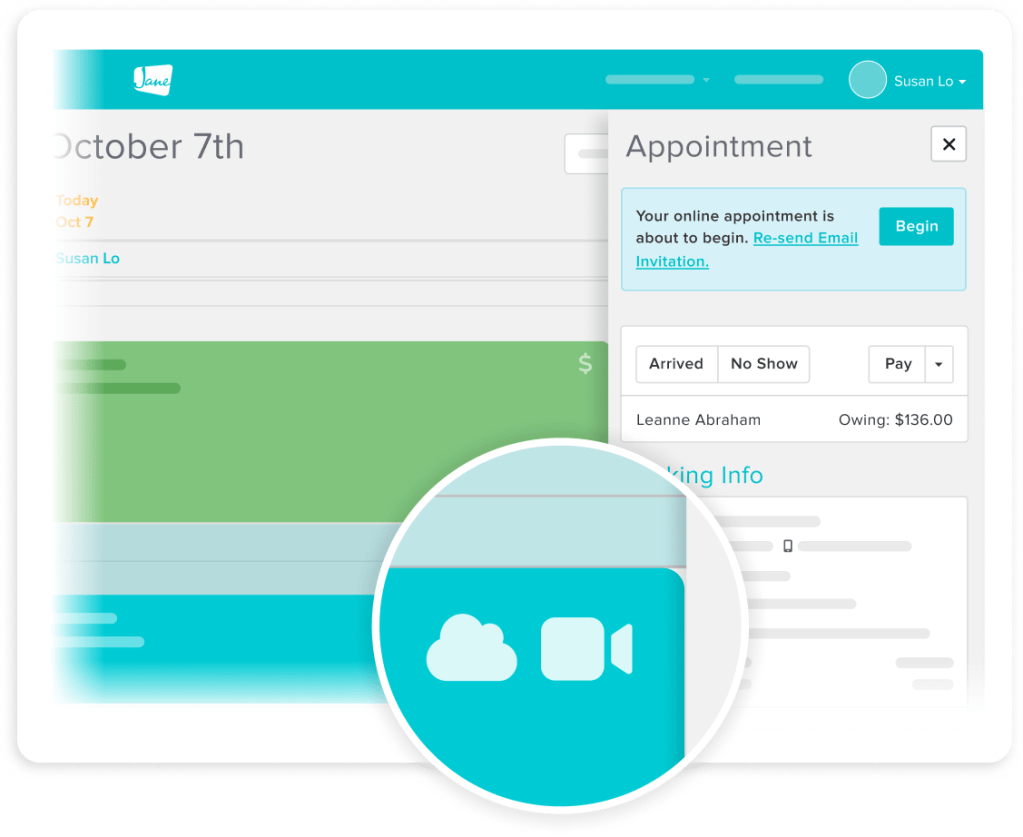 Appointment scheduling interface showing October 7th calendar with online appointment notification and video call integration features